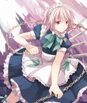  apron bad_id bad_pixiv_id blush bow braid chain cranio hair_bow holding izayoi_sakuya maid maid_headdress pocket_watch purple_eyes short_hair silver_hair skirt solo sword touhou twin_braids watch weapon 