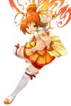 bike_shorts boots cure_sunny fingernails fire foreshortening full_body gloves grin hair_bun hands highres hino_akane_(smile_precure!) hitoto magical_girl orange_(color) orange_hair orange_skirt pointing precure red_eyes red_shorts short_hair shorts shorts_under_skirt skirt smile smile_precure! solo thigh_boots thighhighs white_background white_legwear 