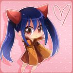 barefoot blue_hair blush brown_eyes chibi cosplay doranbolt_(fairy_tail) fairy_tail fuchise heart high_collar long_hair lowres mest_(fairy_tail) mest_(fairy_tail)_(cosplay) oversized_clothes sleeves_past_wrists twintails wendy_marvell 