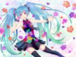  ahoge aqua_hair bad_id bad_pixiv_id flower hatsune_miku highres long_hair necktie open_mouth outstretched_arm petals purple_eyes skirt solo tell_your_world_(vocaloid) thighhighs twintails very_long_hair vocaloid yamaneko514 