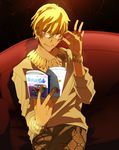  adjusting_eyewear azuazuazu19 bespectacled blonde_hair book bracelet casual censored chair doraemon fate/zero fate_(series) gilgamesh glasses identity_censor jewelry looking_at_viewer male_focus necklace reading red_eyes smile 