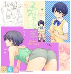  1girl all_fours ano_natsu_de_matteru ass bad_id bad_pixiv_id blue_eyes blue_hair breast_grab breasts camisole collage grabbing lying mizuno_poppo school_uniform short_hair short_shorts shorts small_breasts squatting sweater_vest tanigawa_kanna translation_request vest 