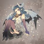  ashi black_legwear blue_hair chocolate chocolate_heart choker crossed_legs demon_girl demon_wings elbow_gloves fingerless_gloves gloves heart horns long_hair looking_at_viewer nail_polish original pointy_ears red_eyes sitting solo star thighhighs wings 