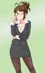  adjusting_eyewear akizuki_ritsuko breasts cleavage folded_ponytail formal glasses highres idolmaster idolmaster_(classic) jacket looking_at_viewer medium_breasts office_lady one_eye_closed pantyhose pencil_skirt skirt skirt_suit smile suit toshifumi 