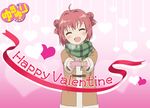  :d ^_^ akaza_akari bag chocolate closed_eyes double_bun gift green_scarf happy_valentine namori open_mouth plaid plaid_scarf scarf smile solo valentine yuru_yuri 