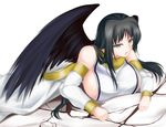  1girl angel angel_wings bare_shoulders black_eyes black_hair black_wings breasts cube_(circussion) female huge_breasts jewelry lots_of_jewelry lying mabinogi morrighan no_bra on_stomach open_mouth sideboob simple_background solo tabard white_background wings 