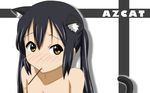  animal_ears bad_id bad_pixiv_id black_hair blush brown_eyes cat_ears cat_tail food highres k-on! long_hair nakano_azusa nude oku_no_shi pocky solo tail twintails 