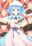  :q apron argyle argyle_background blue_eyes blue_hair bow bowl box cake chocolate chocolate_bar chocolate_cake food food_on_face hair_bobbles hair_ornament head_scarf heart highres kawashiro_nitori mixing_bowl polka_dot polka_dot_apron short_twintails sleeves_rolled_up solo spatula takoyaki_(takoyaki-batake) tongue tongue_out touhou twintails two_side_up 