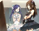  bare_shoulders black_eyes black_gloves black_gothic_dress_(idolmaster) blue_hair brown_eyes brown_hair bunkyo_takemi choker dress flower gloves hair_flower hair_ornament hands_together hat idolmaster idolmaster_(classic) idolmaster_cinderella_girls kisaragi_chihaya long_hair multiple_girls open_mouth shibuya_rin sweatdrop twintails white_gloves 