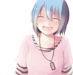  :d ^_^ blue_hair casual closed_eyes cross dog_tags face happy jewelry mahou_shoujo_madoka_magica miki_sayaka necklace open_mouth ryuunosuke_(luckyneco) short_hair smile solo striped teeth 