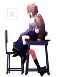  blue_eyes brown_hair chair desk hayate_x_blade highres hug kuga_jun long_hair multiple_girls purple_eyes shizuma_yuho short_hair sitting vasashi-uma yuri 