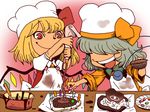  apron baking candle chef_hat chibi chocolate flandre_scarlet hair_over_eyes hat komeiji_koishi multiple_girls onikobe_rin sleeves_rolled_up smile touhou 