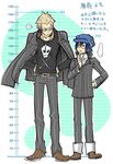  1girl androgynous bad_id bad_pixiv_id blonde_hair blue_hair cabbie_hat choumoku_(toriko_b_c) crossdressing glasses hat height_chart height_difference jacket open_clothes open_jacket pants pants_rolled_up persona persona_4 reverse_trap school_uniform shirogane_naoto shoes short_hair skull skull_and_crossbones tatsumi_kanji translation_request 