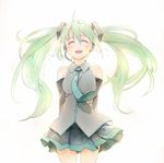  arms_behind_back bad_id bad_pixiv_id bare_shoulders closed_eyes detached_sleeves farawaysnows floating_hair green_hair hatsune_miku headset long_hair necktie open_mouth simple_background skirt solo tears twintails very_long_hair vocaloid white_background 