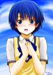  ano_natsu_de_matteru blue_hair blush day highres open_mouth rivil school_uniform short_hair sky tanigawa_kanna 