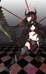  bad_id bad_pixiv_id bikini_top black_gold_saw black_hair black_rock_shooter chain cropped_jacket horns jacket king_saw long_hair miteli red red_eyes red_hair short_shorts shorts sword thighhighs unzipped very_long_hair weapon white_skin 