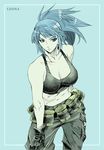  bandolier bare_shoulders blue_eyes blue_hair breasts cargo_pants cleavage crop_top earrings explosive gloves grenade jewelry large_breasts leaning_forward leona_heidern midriff military pants ponytail saturn-freak simple_background solo tank_top the_king_of_fighters 