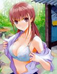  blush bra breasts brown_hair cleavage fuyuno_haruaki highres large_breasts lingerie looking_at_viewer original shed solo stream underwear undressing 