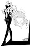  bodysuit boots breasts character_name full_body furry genderswap genderswap_(mtf) greyscale hand_on_hip highres large_breasts looking_at_viewer md5_mismatch mitsuki_(mitsukitei) monochrome precure smile smile_precure! solo werewolf white_background wolfrun 