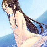  bad_id bad_pixiv_id bare_shoulders bikini blue_sky breasts brown_eyes brown_hair cleavage day dutch_angle kazuyu-c long_hair looking_at_viewer medium_breasts original partially_submerged seiza sitting sky solo swimsuit water white_bikini 
