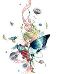  butterfly_wings flower food fruit grapes highres holding_needle needle original solo thread traditional_media watercolor_(medium) wings yoki_(artist) 