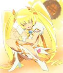  blonde_hair boots bow closed_eyes cure_sunshine flower full_body heartcatch_precure! knee_boots long_hair magical_girl myoudouin_itsuki orange_bow precure puffy_sleeves ribbon smile solo squatting sunflower twintails tyuraba yellow yellow_background yellow_bow 