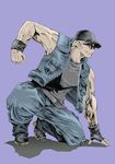  baseball_cap blonde_hair boots clark_still clenched_hand fingerless_gloves full_body gloves hat male_focus military muscle one_knee saturn-freak simple_background solo sunglasses the_king_of_fighters vest 