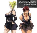  armband bare_shoulders bent_over blonde_hair breasts cleavage detached_sleeves dress earrings hair_over_one_eye jewelry large_breasts mature_(kof) miniskirt multiple_girls navel necklace red_hair saturn-freak short_hair skirt tan the_king_of_fighters vice 