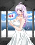  1girl ahoge bare_shoulders breast_hold breasts cleavage cube_(circussion) dress female flower flowers hair_ornament huge_breasts long_hair ocean original purple_eyes purple_hair solo standing 