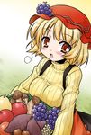  aki_minoriko akou_roushi apple blonde_hair blush breast_rest breasts food fruit grapes hat medium_breasts mushroom red_eyes revision ribbed_sweater short_hair solo sweater touhou 