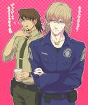  bad_id bad_pixiv_id barnaby_brooks_jr belt_pouch blonde_hair brown_eyes brown_hair coffee crossed_arms facial_hair finger_licking glasses green_eyes highres kaburagi_t_kotetsu licking multiple_boys necktie police police_uniform pouch rwk stubble tiger_&amp;_bunny uniform 