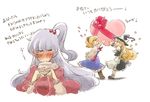  alice_margatroid bad_id bad_pixiv_id blush capelet ear_blush embarrassed fidgeting gift hair_bobbles hair_ornament hairband hat heart kirisame_marisa multiple_girls non_(z-art) shinki side_ponytail silver_hair star touhou translated witch_hat 