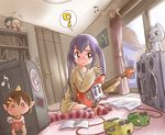  ? akiyama_mio amplifier blue_hair book boombox brown_eyes doko_demo_issho effects_pedal electric_guitar fender fender_mustang guitar hirasawa_yui inoue_toro instrument k-on! kiichi korg kotobuki_tsumugi multiple_girls musical_note nakano_azusa oni striped striped_legwear sweatdrop sweater tainaka_ritsu thighhighs twintails whammy_bar 