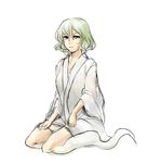  ghost_tail green_hair grey_eyes kitayuki_kajika no_hat no_headwear robe short_hair sitting soga_no_tojiko solo touhou 