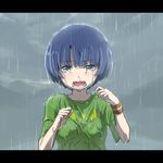  ano_natsu_de_matteru aqua_eyes armband blue_hair commentary letterboxed open_mouth rain short_hair solo sweatband tanigawa_kanna tears tera_l wet wet_clothes wet_hair 