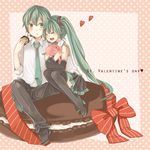  1girl boots closed_eyes detached_sleeves genderswap genderswap_(ftm) green_eyes green_hair hatsune_miku hatsune_mikuo headset heart high_heels long_hair mitsuka necktie open_mouth shoes sitting skirt thigh_boots thighhighs valentine very_long_hair vocaloid 