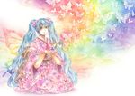  aqua_eyes aqua_hair bug butterfly butterfly_wings floral_print flower fuu_(goingmyway421) hair_flower hair_ornament hatsune_miku highres insect japanese_clothes kimono long_hair multicolored multicolored_wings pink_kimono print_kimono rainbow sitting smile solo traditional_media twintails very_long_hair vocaloid wings yukata 