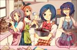  apron baking blue_eyes blue_hair bowl braid brown_hair cake chocolate cookie food green_eyes hair_ribbon inazuma_eleven inazuma_eleven_(series) inazuma_eleven_go kitchen long_hair multiple_girls natsucha125 open_mouth otonashi_haruna oven purple_eyes ribbon seto_midori short_hair sleeves_rolled_up sorano_aoi twin_braids valentine whisk yamana_akane 