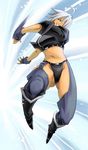  ahoge angel_(kof) blue_eyes boots chaps cropped_jacket fingerless_gloves gloves midriff navel saturn-freak short_hair solo speed_lines tan the_king_of_fighters white_hair 