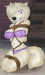  anthro anthrofied bdsm bondage bound bra breasts canine cleavage clothed clothing cute female fur lilly lilly_(alpha_and_omega) mammal panties pearl_hair purple_eyes rope scared solo tape underwear white_fur wolf 