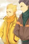  black_hair blonde_hair breath casual coat fate/zero fate_(series) gilgamesh hair_slicked_back hands_in_pockets highres hongmao lancer_(fate/zero) male_focus multiple_boys orange_shirt shirt sweater typo winter_clothes yellow_eyes 