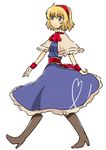  alice_margatroid bad_id bad_pixiv_id blonde_hair blue_eyes boots bow capelet dress full_body hairband high_heels non_(z-art) shoes short_hair simple_background smile solo touhou walking wristband 