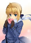  ahoge artoria_pendragon_(all) blonde_hair blue_eyes blue_scarf blush_stickers box coat fate/stay_night fate/zero fate_(series) gradient gradient_background hair_ribbon heart heart-shaped_box looking_at_viewer mittens namonashi ribbon rubbish_selecting_squad saber scarf simple_background snow snowing solo upper_body valentine 