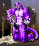  balls biceps big big_balls big_penis cum cum_pool cumshot excessive_cum feline fur hyper kemono_inukai latex male mammal muscles nipples orgasm pecs penis purple purple_fur rubber solo tiger 