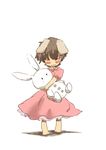  animal_ears bad_id bad_pixiv_id barefoot brown_hair bunny_ears carrot carrot_necklace closed_eyes dress full_body inaba_tewi jewelry necklace non_(z-art) pendant short_hair simple_background solo stuffed_animal stuffed_bunny stuffed_toy tears touhou younger 