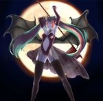  armpits arms_up choker demon_wings elbow_gloves full_moon garter_straps gloves green_hair hatsune_miku long_hair moon navel red_eyes smile solo takebi thighhighs twintails very_long_hair vocaloid wings 