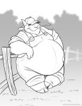  against_fence aidenmonster anthro barefoot belly belly_overhang big_belly caprine clothed clothing fence goat grass hat hooves horn leaning male mammal monochrome obese obese_male outside overalls overweight overweight_male smile solo tree wide_hips 