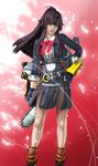  1girl black_hair bow chainsaw gloves hand_on_hip oneechanbara saaya weapon 