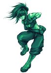  abs bandolier boots breasts cleavage crop_top cross-laced_footwear explosive fighting_stance gloves green grenade lace-up_boots large_breasts leona_heidern long_hair midriff monochrome muscle muscular_female pants ponytail solo tank_top the_king_of_fighters 