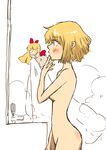  alice_margatroid bad_id bad_pixiv_id blonde_hair breasts convenient_arm convenient_censoring doll finger_to_mouth medium_breasts non_(z-art) nude shanghai_doll short_hair solo steam touhou towel white_towel 